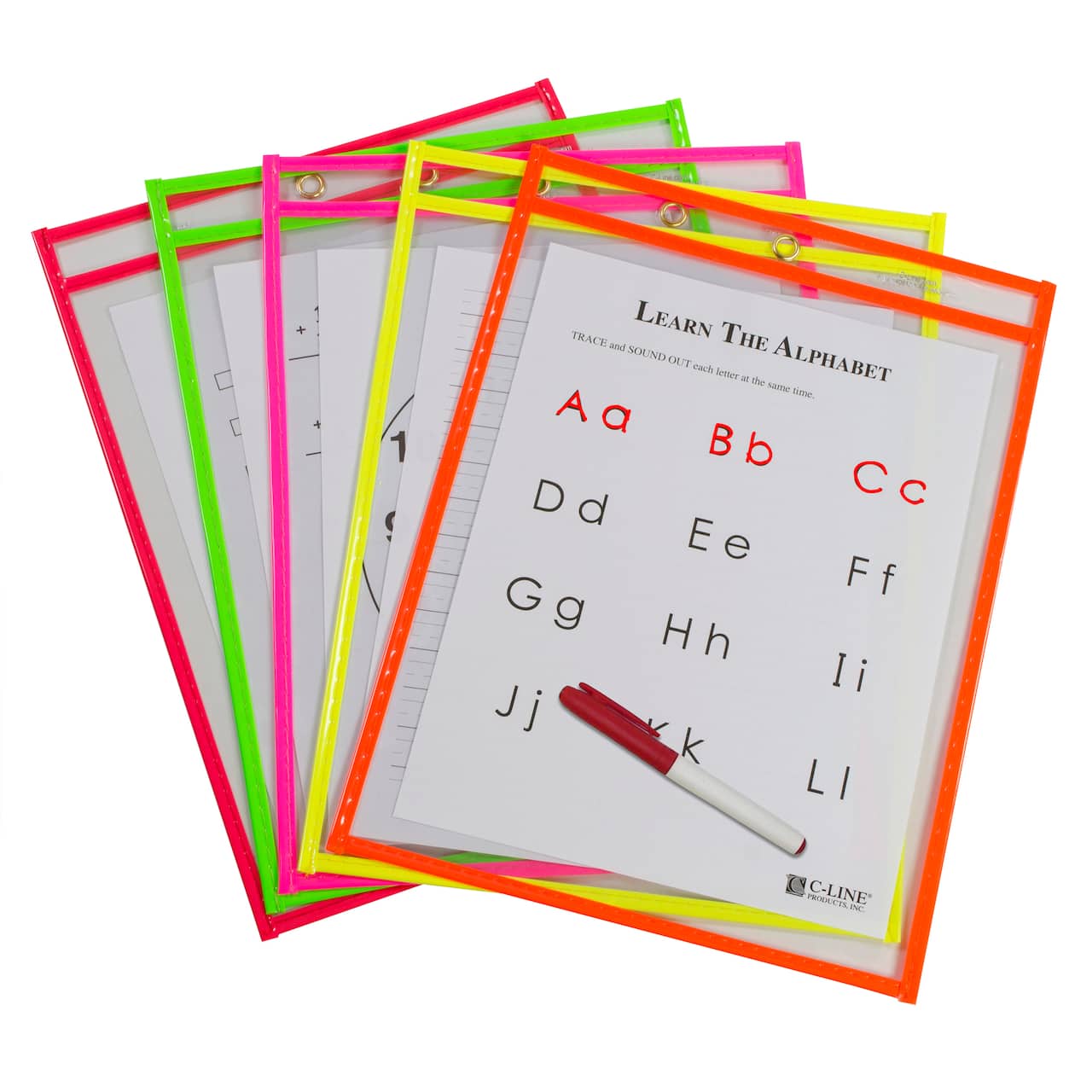 C-Line® Assorted Neon Colors Reusable Dry Erase Pockets, Pack of 10